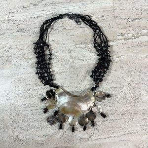 VINTAGE Black Beaded Coral Shell Necklace